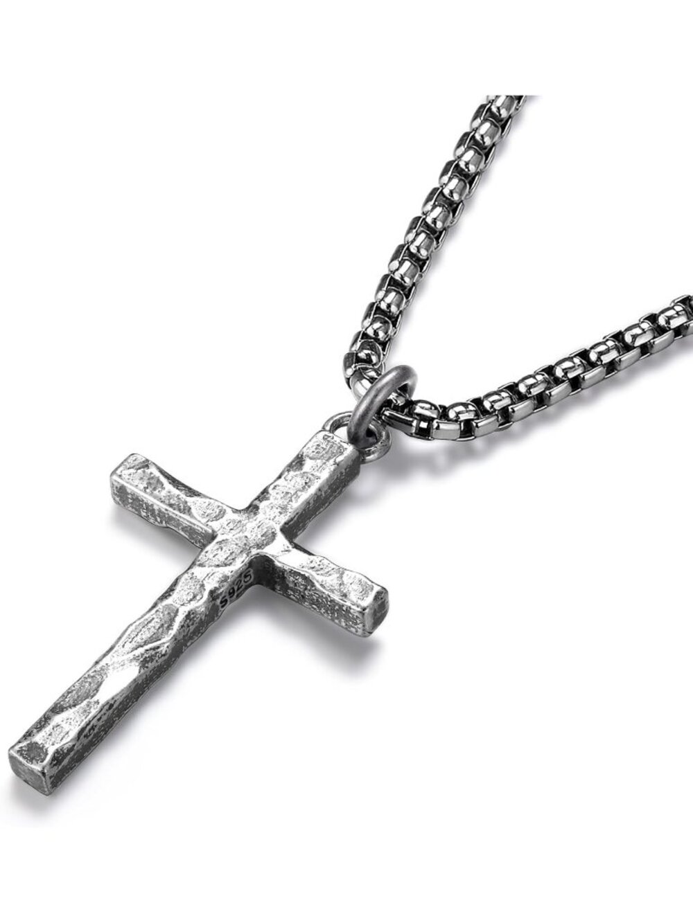 Men's Silver 925 Sterling Cross Necklace Oxidized Hammered Pendant Jewelry